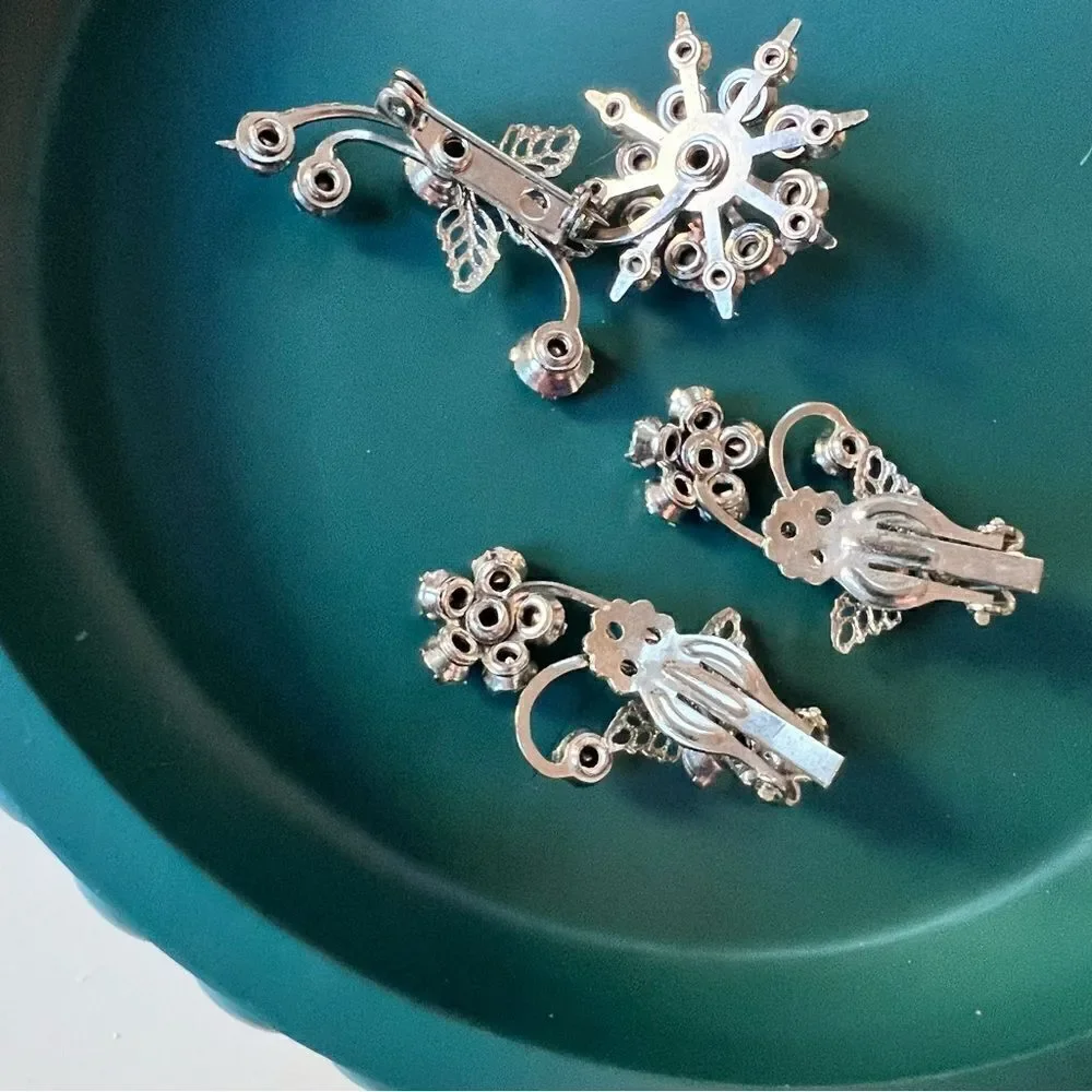 Sparkly 3 Pc Vintage MCM 1950s 1960s Rhinestone Floral Clip Earrings Brooch Set